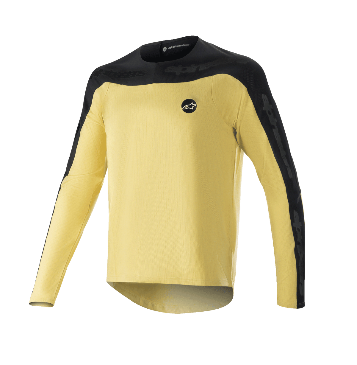 Alpinestars Drop Meta Langarm-Trikot, MTB-Mountainbike-Trikot, Gold und Schwarz, schwarze Schulterpasse und äußere Ärmeleinsätze, kleines kreisförmiges Logo auf der Brust, leichtes atmungsaktives Mesh-Gewebe, verlängerter Rückensaum