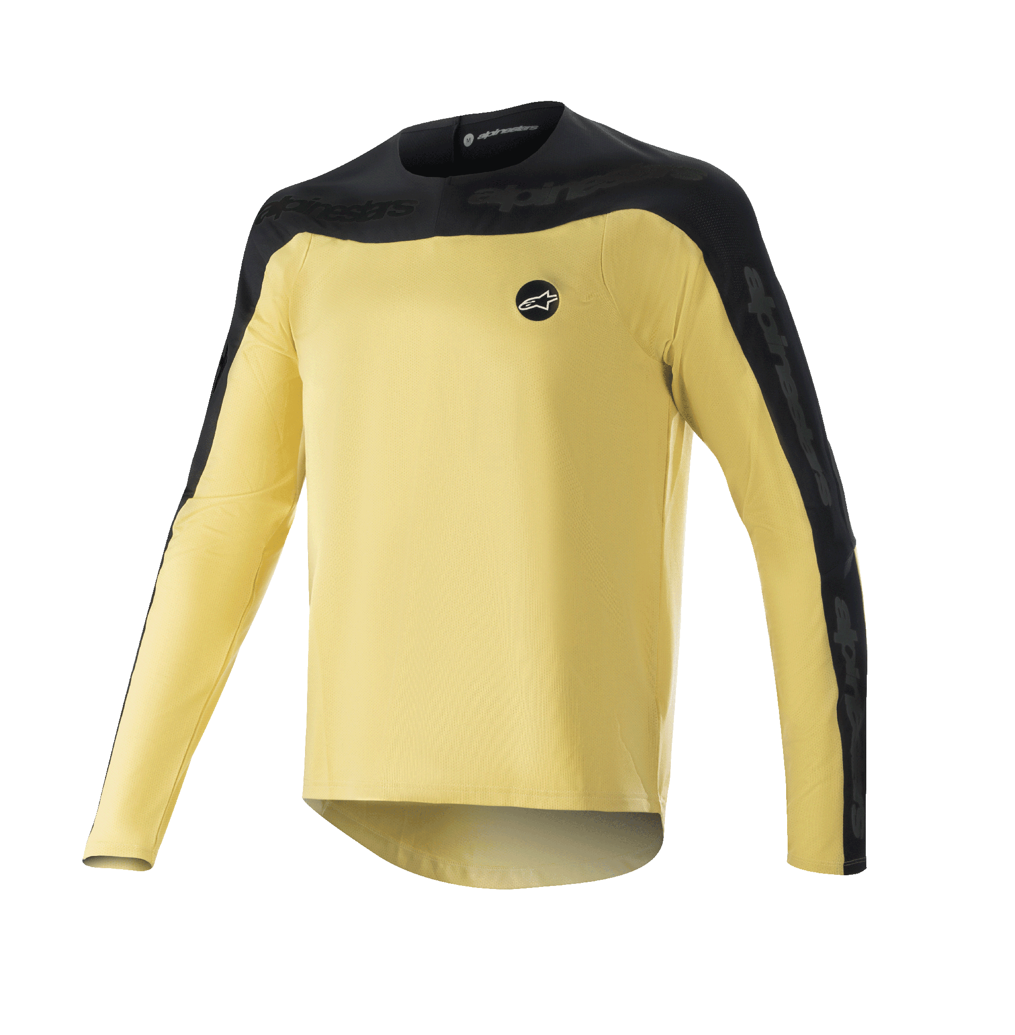 Alpinestars Drop Meta Langarm-Trikot, MTB-Mountainbike-Trikot, Gold und Schwarz, schwarze Schulterpasse und äußere Ärmeleinsätze, kleines kreisförmiges Logo auf der Brust, leichtes atmungsaktives Mesh-Gewebe, verlängerter Rückensaum