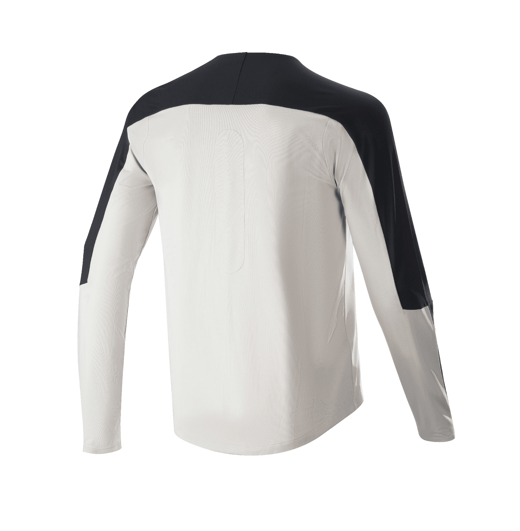 Alpinestars Drop Meta Trikot – Langarm, MTB-Trikot, Hellgrau mit schwarzen Akzenten an Schultern und Ärmeln, Rückansicht mit verlängertem Rückenteil, atmungsaktives Mesh-Gewebe für Offroad-Radsport