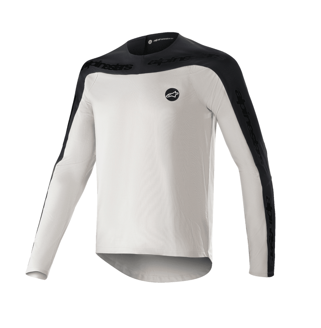 Alpinestars Drop Meta Jersey Langarm, MTB-Mountainbike-Trikot, Hellgrau und Schwarz, mit schwarzer Schulterpasse und äußeren Ärmeleinsätzen mit Text-Branding, verlängertem Rückensaum und rundem Logo auf der linken Brust