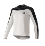 Alpinestars Drop Meta Jersey Langarm, MTB-Mountainbike-Trikot, Hellgrau und Schwarz, mit schwarzer Schulterpasse und äußeren Ärmeleinsätzen mit Text-Branding, verlängertem Rückensaum und rundem Logo auf der linken Brust