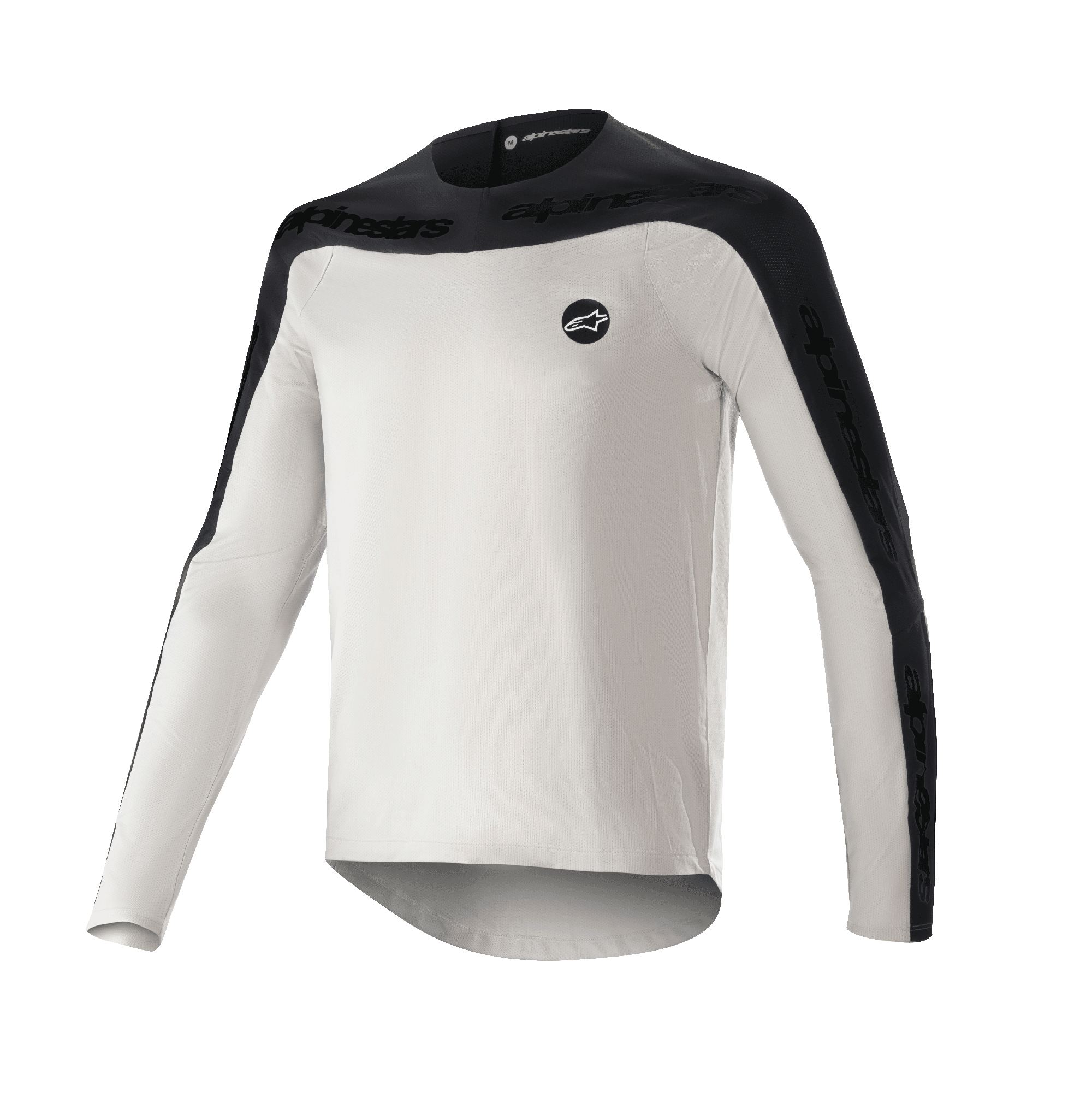 Alpinestars Drop Meta Jersey Langarm, MTB-Mountainbike-Trikot, Hellgrau und Schwarz, mit schwarzer Schulterpasse und äußeren Ärmeleinsätzen mit Text-Branding, verlängertem Rückensaum und rundem Logo auf der linken Brust