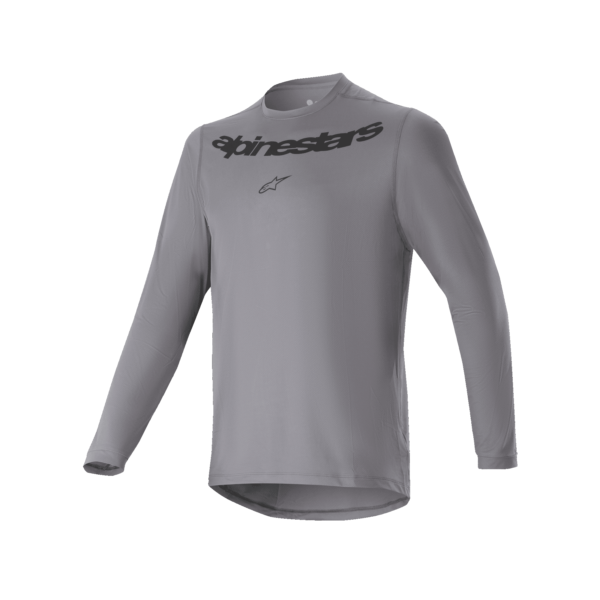 Alpinestars A-Dura Rocker Langarmtrikot, MTB-Trikot, Dunkelgrau, mit schwarzem Alpinestars-Schriftzug und Stern-Logo auf der Brust, längerer abfallender Saum, Performance-Radsportausrüstung für Mountainbiking