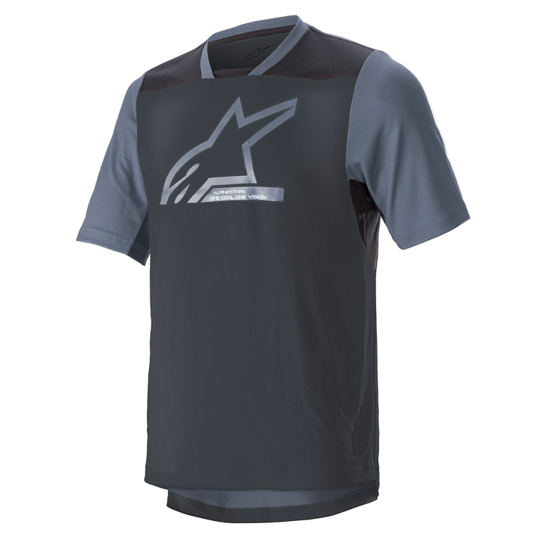 Alpinestars Drop 6 V2 Jersey, Short Sleeve Cycling Jersey, Grisaille Black, front view showing elongated lower back panel and breathable mesh construction for mountain biking