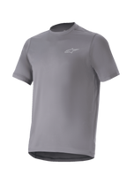 Alpinestars A-Dura Astar Trikot, Kurzarm-Mountainbike-Jersey, Dunkelgrau, mit kleinem silbernem Logo auf der Brust, Rundhalsausschnitt und verlängertem Rückensaum, feuchtigkeitsableitendes Funktionsmaterial, MTB-Trailfahrten