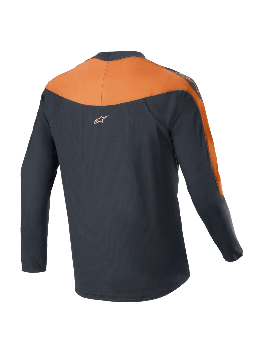 Alpinestars A-Supra Race Jersey - Long Sleeve, MTB Jersey, Black and Orange, rear view showing orange shoulder and sleeve panels, small Alpinestars logo on the upper back, dropped tail design for cycling coverage