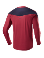 Alpinestars A-Supra Race Trikot - Langarm, Burgundy und Navy, Rückansicht mit technischem mikroperforiertem Gewebe, dunkler Schultereinsatz mit Logo, Performance-MTB-Ausrüstung