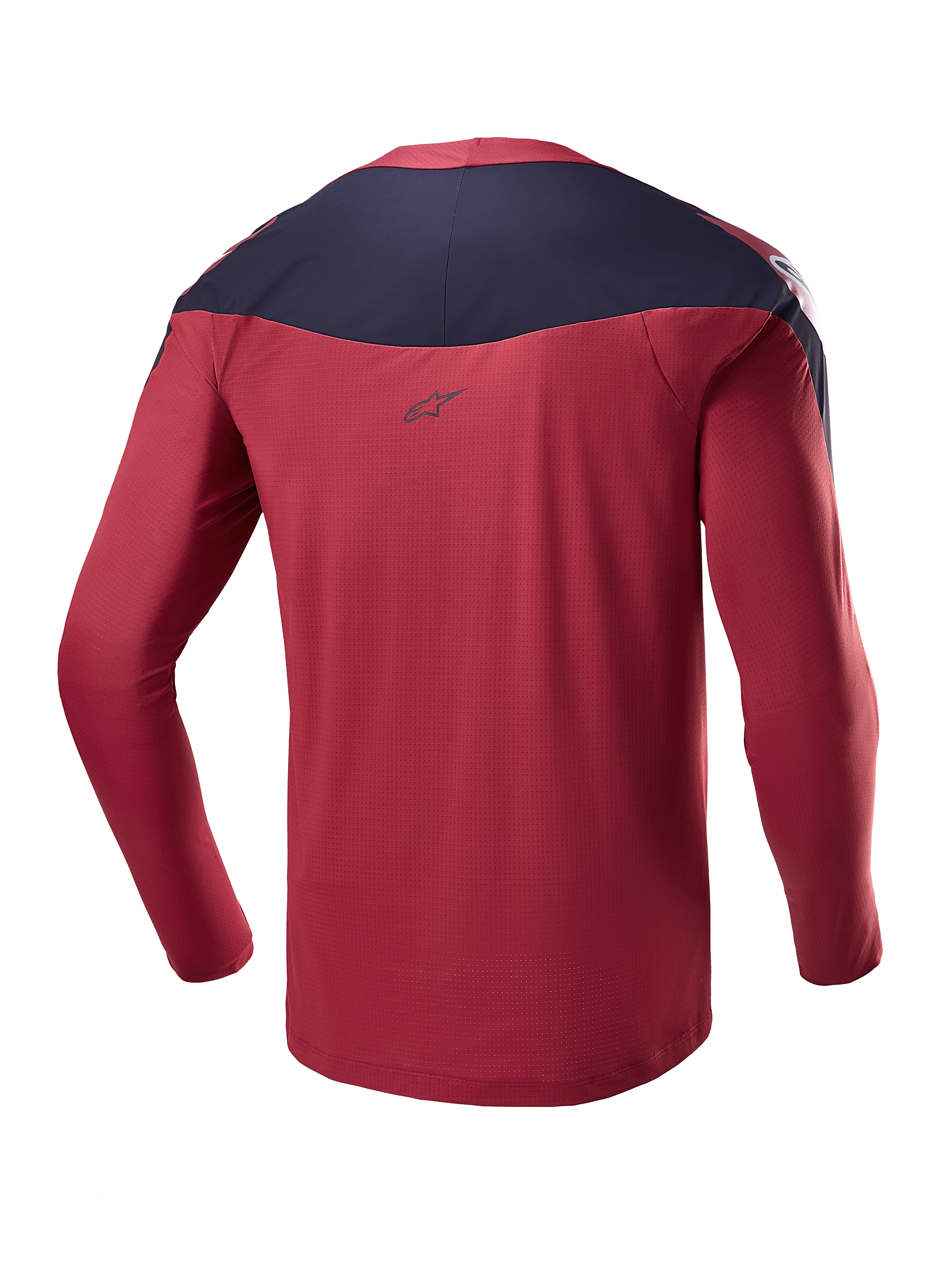 Alpinestars A-Supra Race Trikot - Langarm, Burgundy und Navy, Rückansicht mit technischem mikroperforiertem Gewebe, dunkler Schultereinsatz mit Logo, Performance-MTB-Ausrüstung