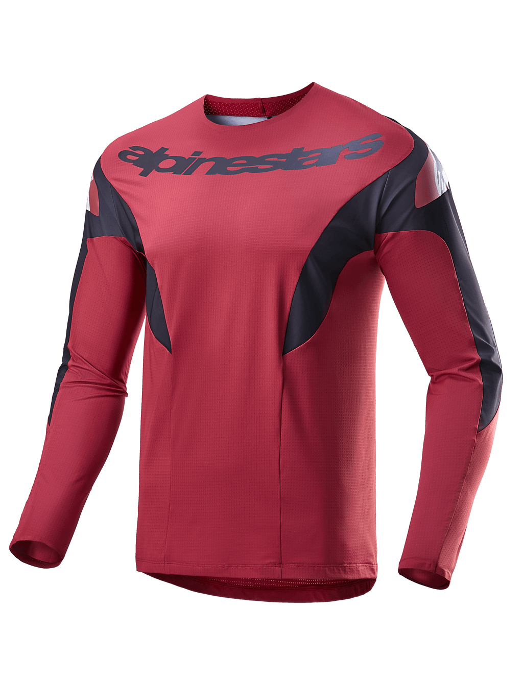 Alpinestars A-Supra Race Trikot, Langarm-MTB-Trikot, Burgunderrot mit schwarzen Seiteneinsätzen und weißen Akzenten, Alpinestars-Schriftzug auf der Brust, leichtes, mikroperforiertes Material für Mountainbike-Rennen