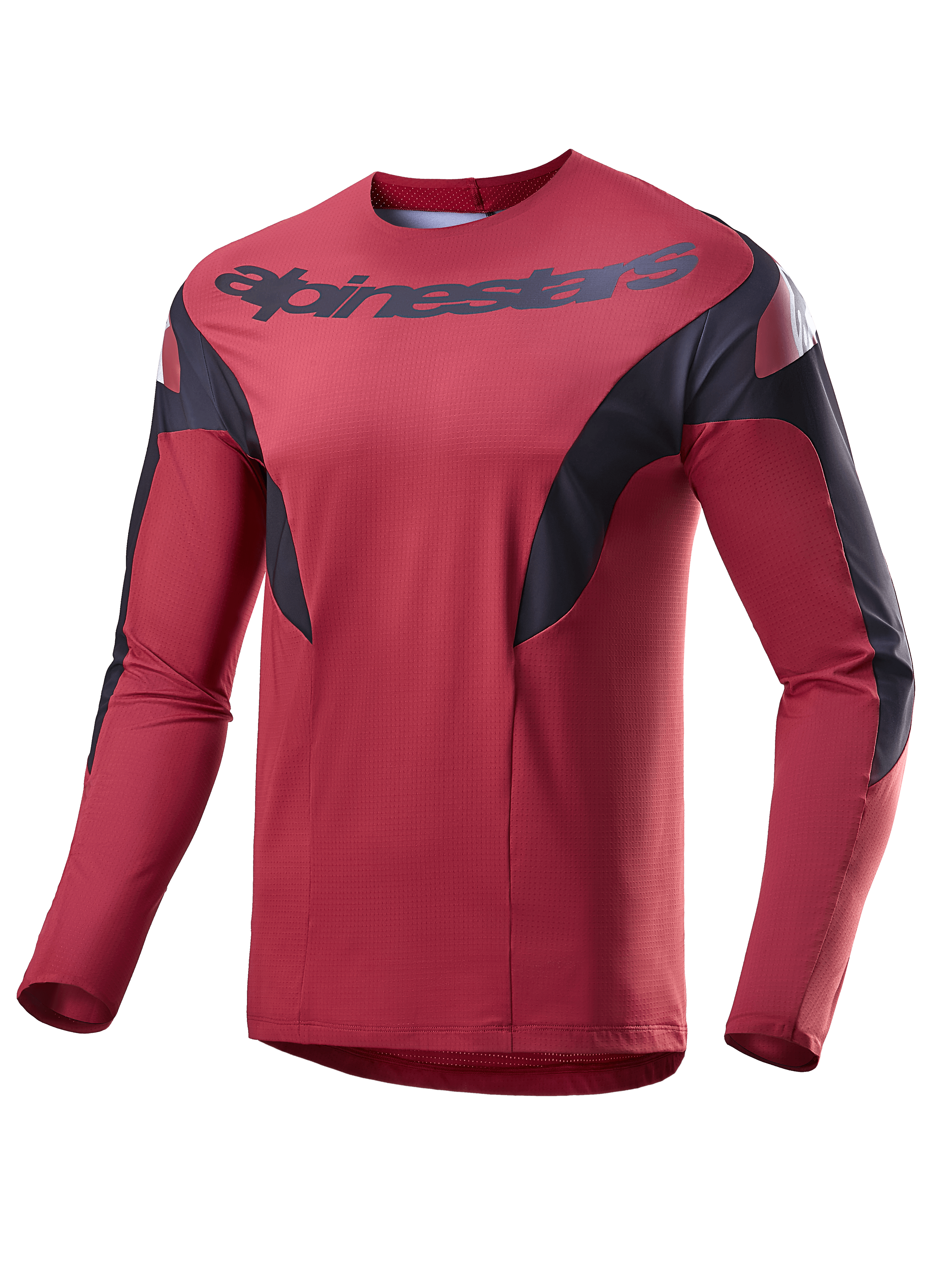 Alpinestars A-Supra Race Trikot, Langarm-MTB-Trikot, Burgunderrot mit schwarzen Seiteneinsätzen und weißen Akzenten, Alpinestars-Schriftzug auf der Brust, leichtes, mikroperforiertes Material für Mountainbike-Rennen