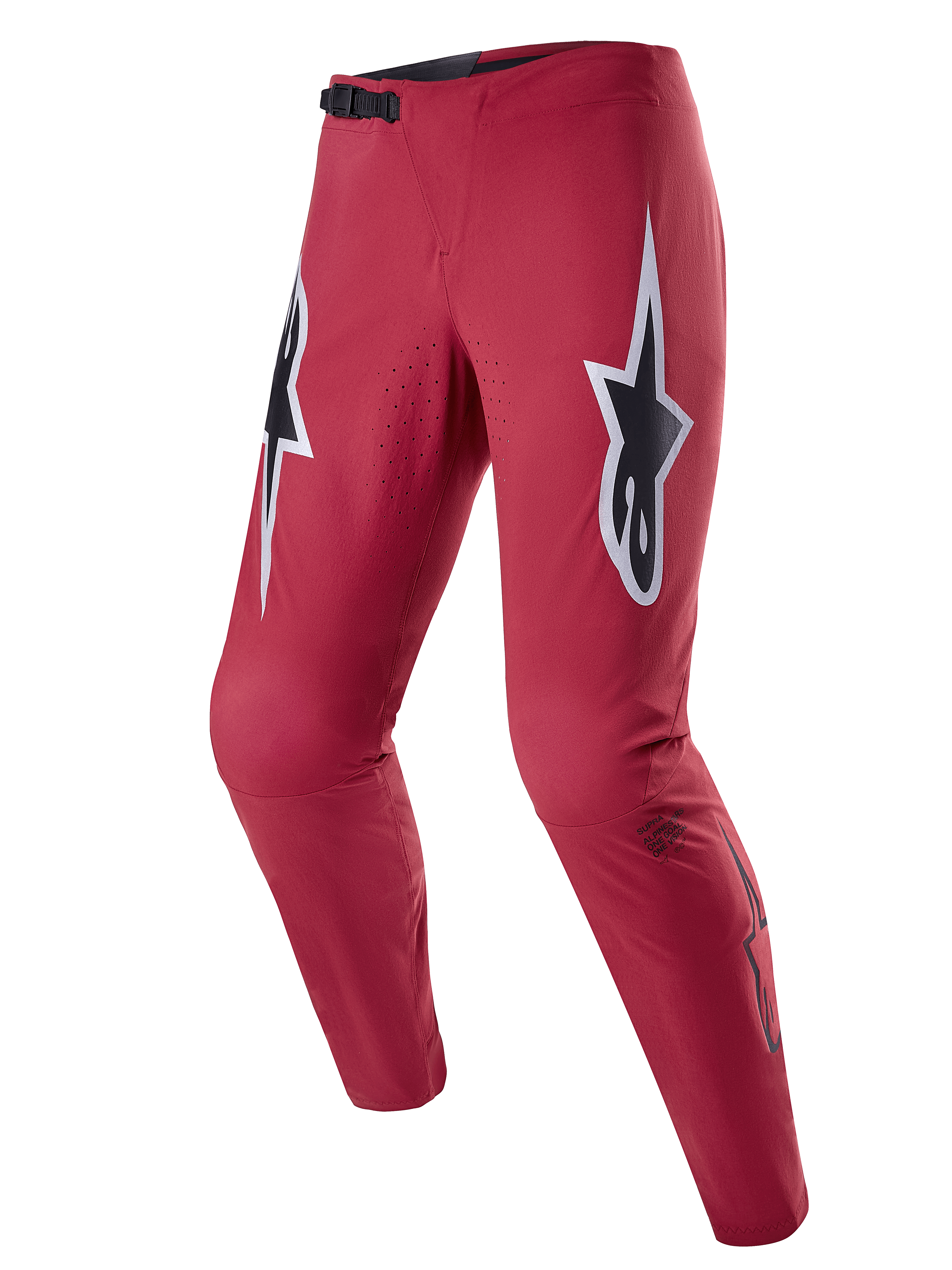 Alpinestars A-Supra Race Hose, MTB-Rennhose, Burgundrot mit großen schwarz-weißen Stern-Logos auf den Oberschenkeln, laserperforierte Belüftung, schwarzer Ratschenverschluss an der Taille, schmal zulaufende Performance-Passform für Mountainbiking