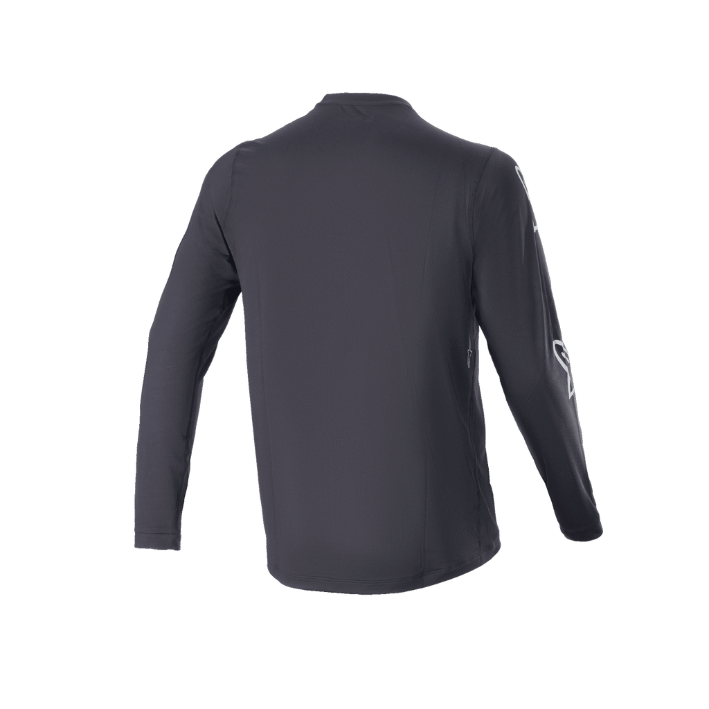 Alpinestars A-Dura Switch Langarmtrikot, Schwarz, Rückansicht, zeigt den verlängerten Rückensaum und ein dezentes Ärmellogo, leichtes MTB-Trail-Fahrradtrikot