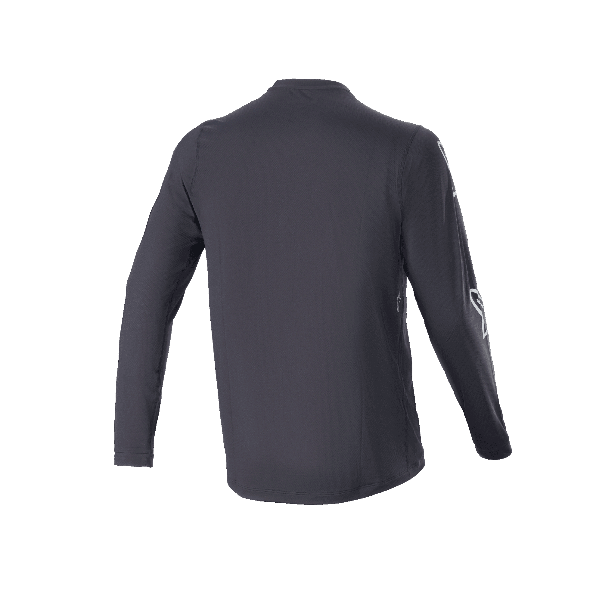 Alpinestars A-Dura Switch Langarmtrikot, Schwarz, Rückansicht, zeigt den verlängerten Rückensaum und ein dezentes Ärmellogo, leichtes MTB-Trail-Fahrradtrikot