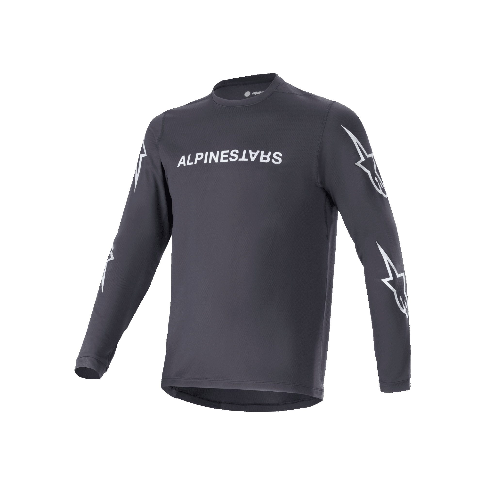Alpinestars A-Dura Switch Langarmtrikot, Schwarz, weiße Alpinestars-Wortmarke auf der Brust und Stern-Logos auf den Ärmeln, leichtes Funktionsmaterial, MTB-Radbekleidung