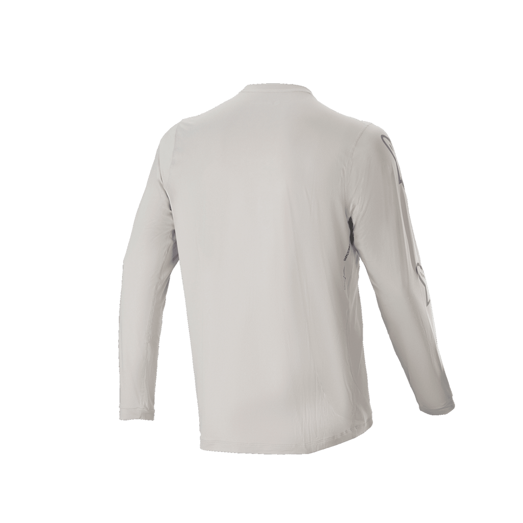 Alpinestars A-Dura Switch Langarmtrikot, Hellgrau, Rückansicht mit langen Ärmeln und längerem abfallendem Saum, leichtes feuchtigkeitsableitendes Jacquard-Gewebe für Mountainbiking