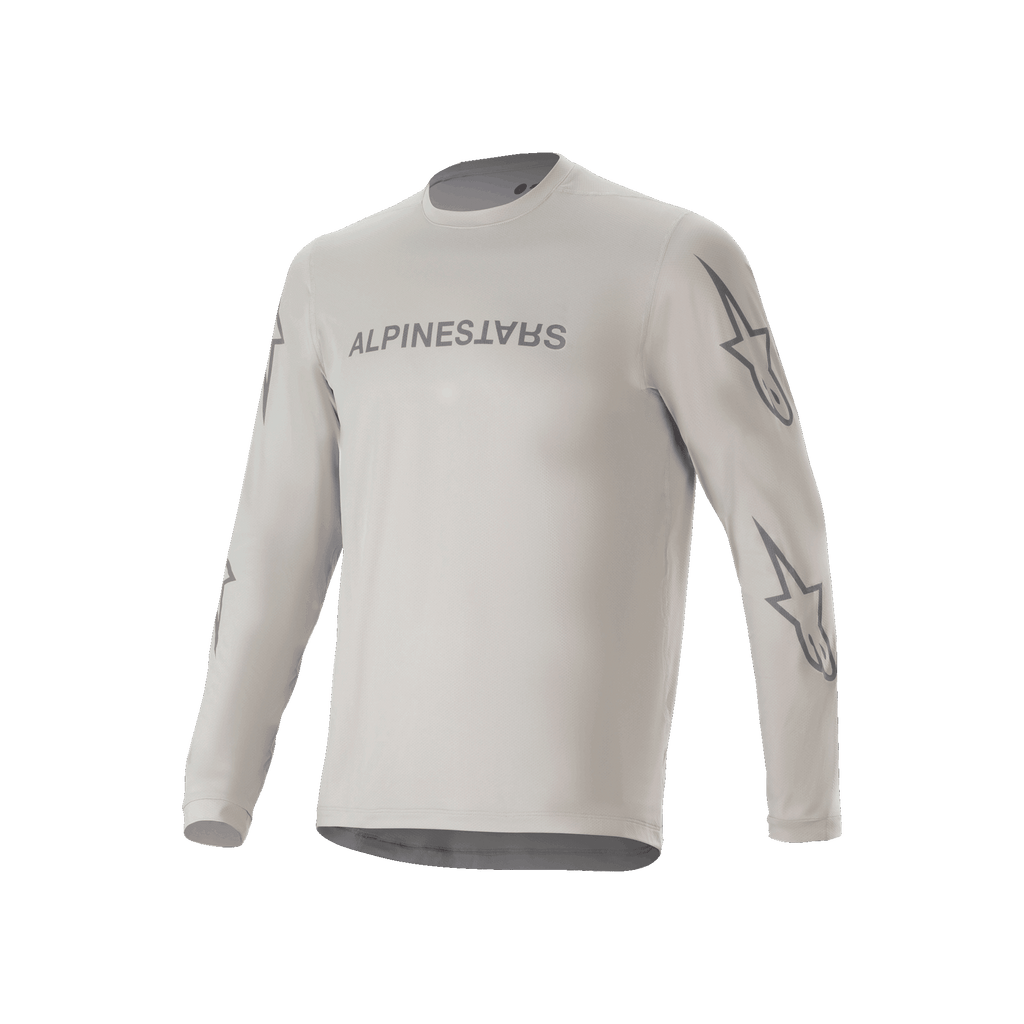 Alpinestars A-Dura Switch Langarmtrikot, hellgraues Mountainbike-Trikot mit Alpinestars-Schriftzug auf der Brust und Stern-Logos auf den Ärmeln, funktionelle Radbekleidung für Trail-Fahrten