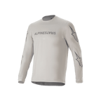 Alpinestars A-Dura Switch Langarmtrikot, hellgraues Mountainbike-Trikot mit Alpinestars-Schriftzug auf der Brust und Stern-Logos auf den Ärmeln, funktionelle Radbekleidung für Trail-Fahrten