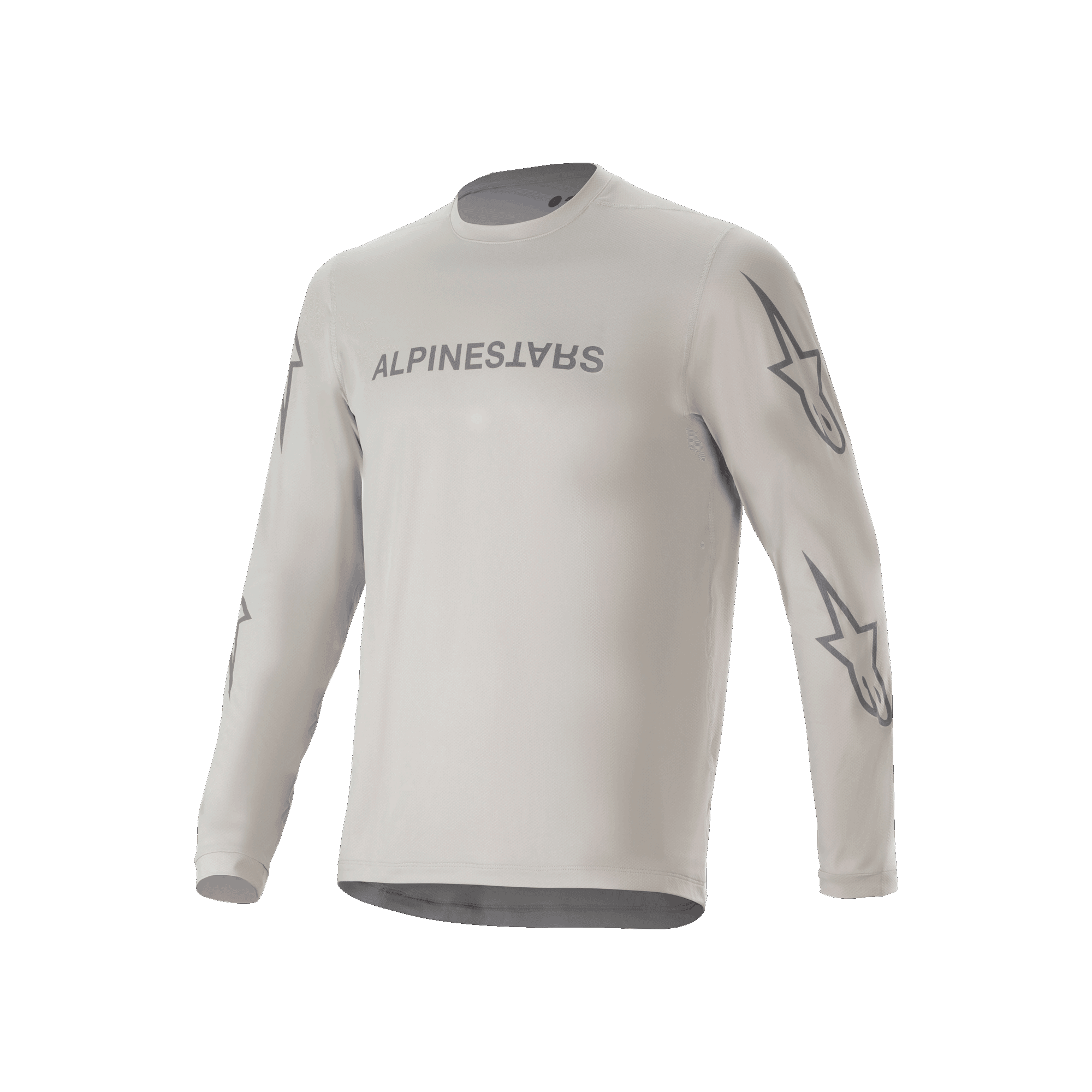 Alpinestars A-Dura Switch Langarmtrikot, hellgraues Mountainbike-Trikot mit Alpinestars-Schriftzug auf der Brust und Stern-Logos auf den Ärmeln, funktionelle Radbekleidung für Trail-Fahrten