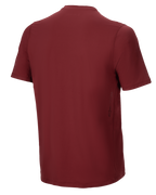 Alpinestars A-Dura Switch Kurzarmtrikot, Burgund, Rückansicht, mit verlängertem Rückensaum und einem kleinen vertikalen Alpinestars-Logo an der unteren Seite, Performance-MTB-Fahrradbekleidung.