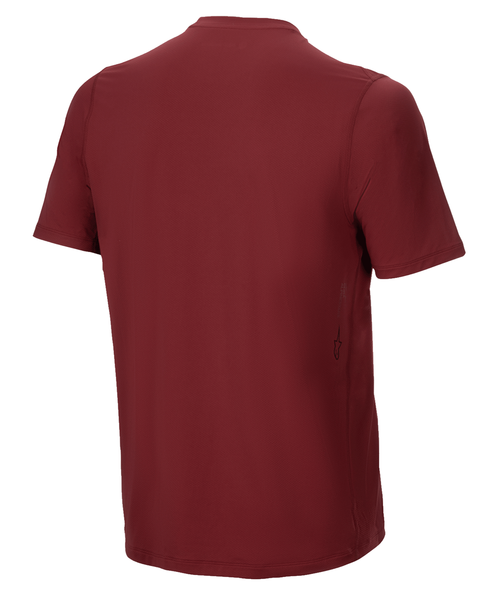 Alpinestars A-Dura Switch Kurzarmtrikot, Burgund, Rückansicht, mit verlängertem Rückensaum und einem kleinen vertikalen Alpinestars-Logo an der unteren Seite, Performance-MTB-Fahrradbekleidung.