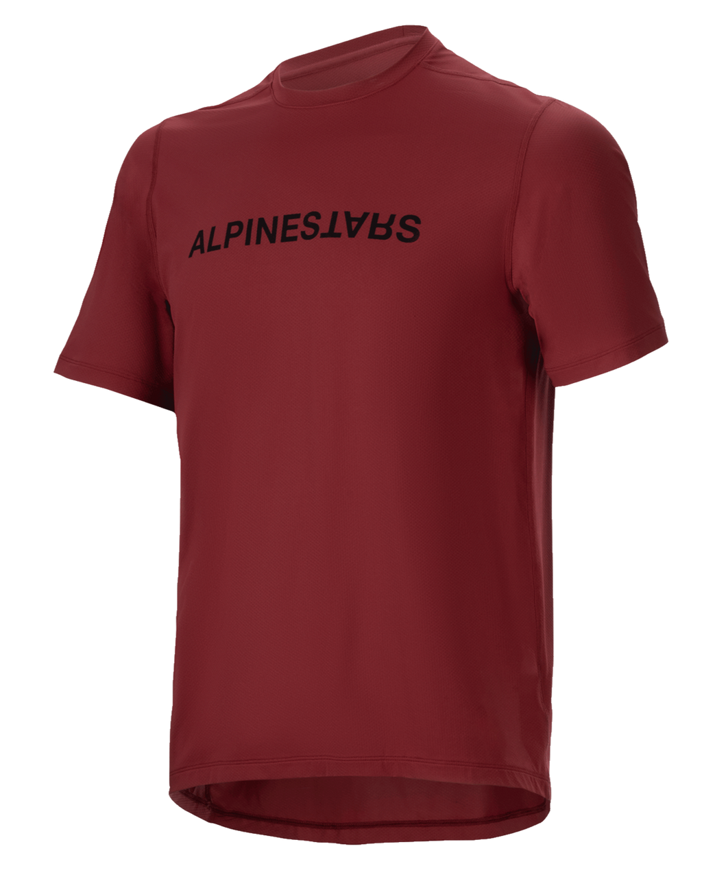 Alpinestars A-Dura Switch Kurzarmtrikot, MTB-Trikot, Burgunderrot, schwarzer Logo-Schriftzug auf der Brust, leichtes, feuchtigkeitsableitendes Gewebe, Rundhalsausschnitt und verlängerter Rücken, konzipiert für den Offroad-Radsport