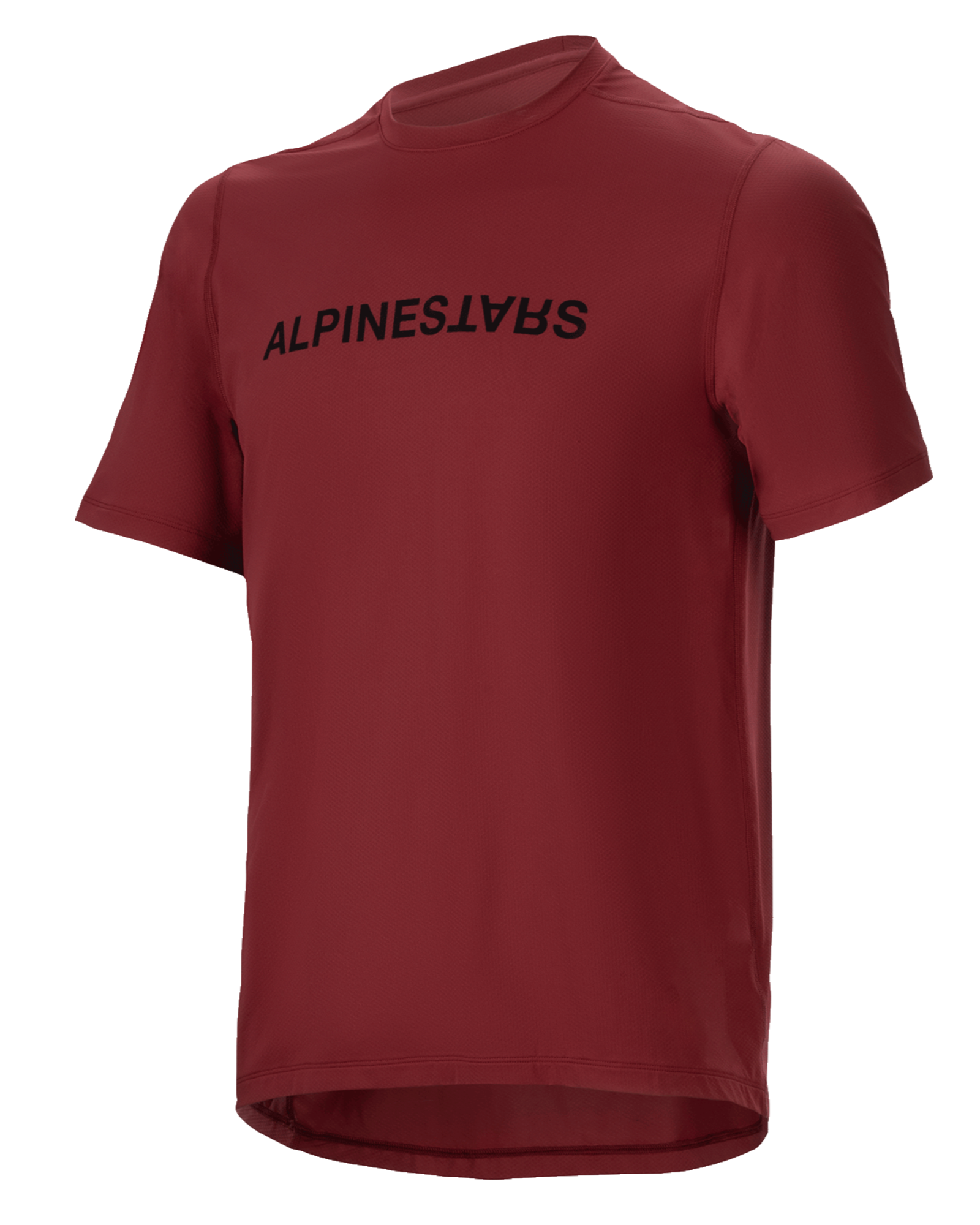 Alpinestars A-Dura Switch Kurzarmtrikot, MTB-Trikot, Burgunderrot, schwarzer Logo-Schriftzug auf der Brust, leichtes, feuchtigkeitsableitendes Gewebe, Rundhalsausschnitt und verlängerter Rücken, konzipiert für den Offroad-Radsport
