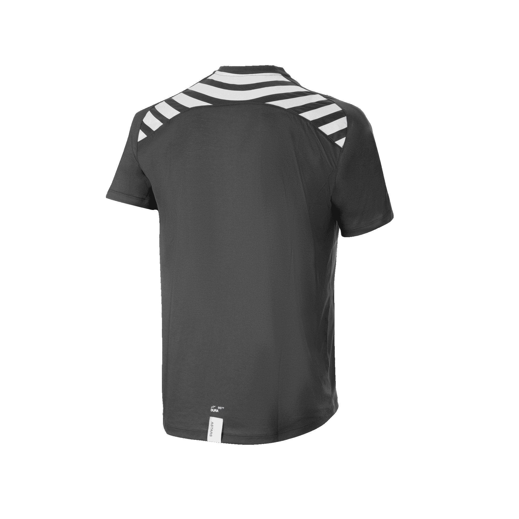 Alpinestars A-Dura Dri Oscar Short Sleeve Jersey, MTB Jersey, Black Reflective, rear view featuring white diagonal stripes on the shoulders and back, drop tail hem for cycling coverage
