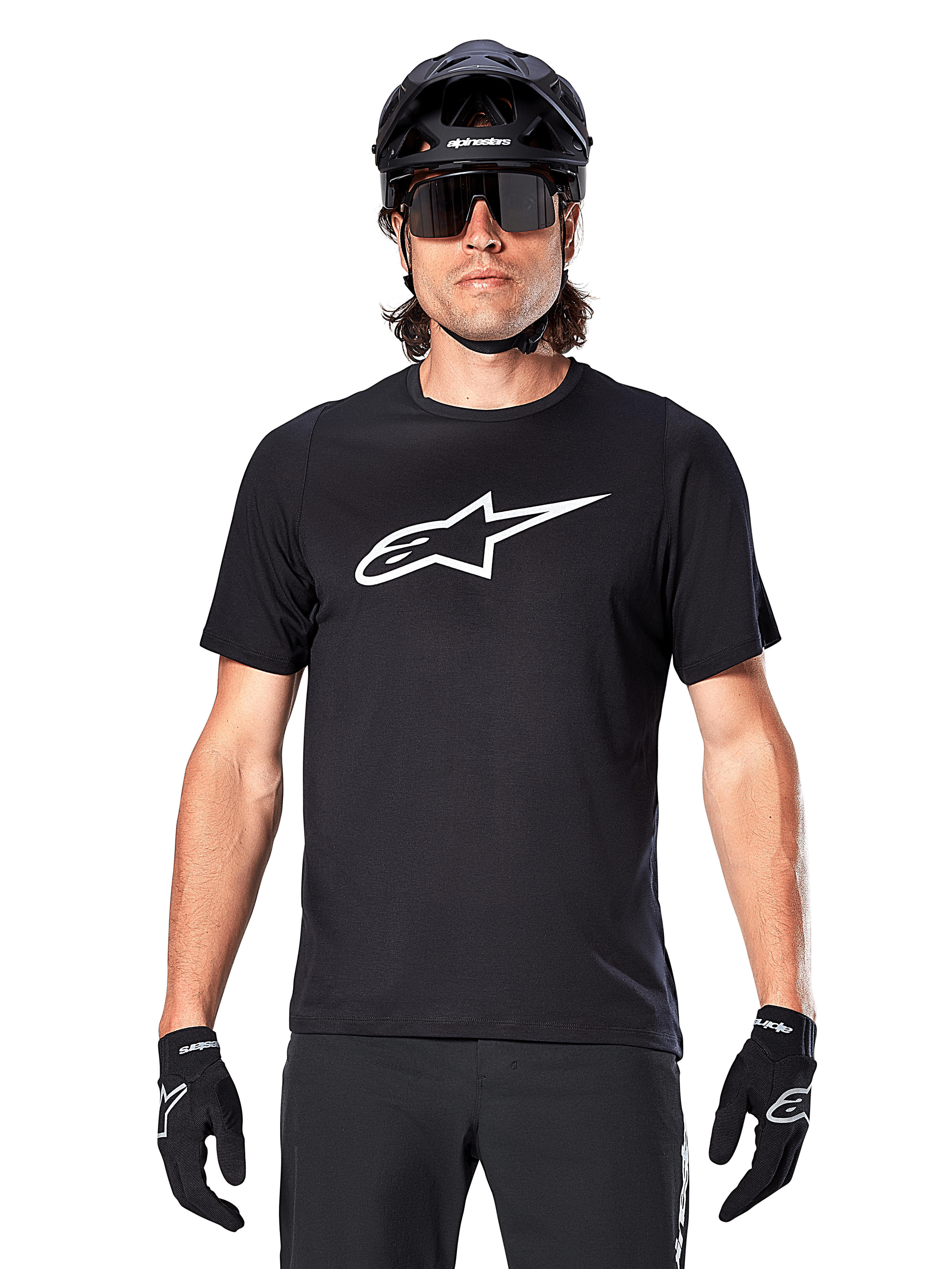 Alpinestars A-Dura Dri Oscar Jersey - Short Sleeve, Black Reflective, worn with black MTB helmet, sunglasses, and gloves, featuring a prominent white logo on the chest, performance gear for mountain biking