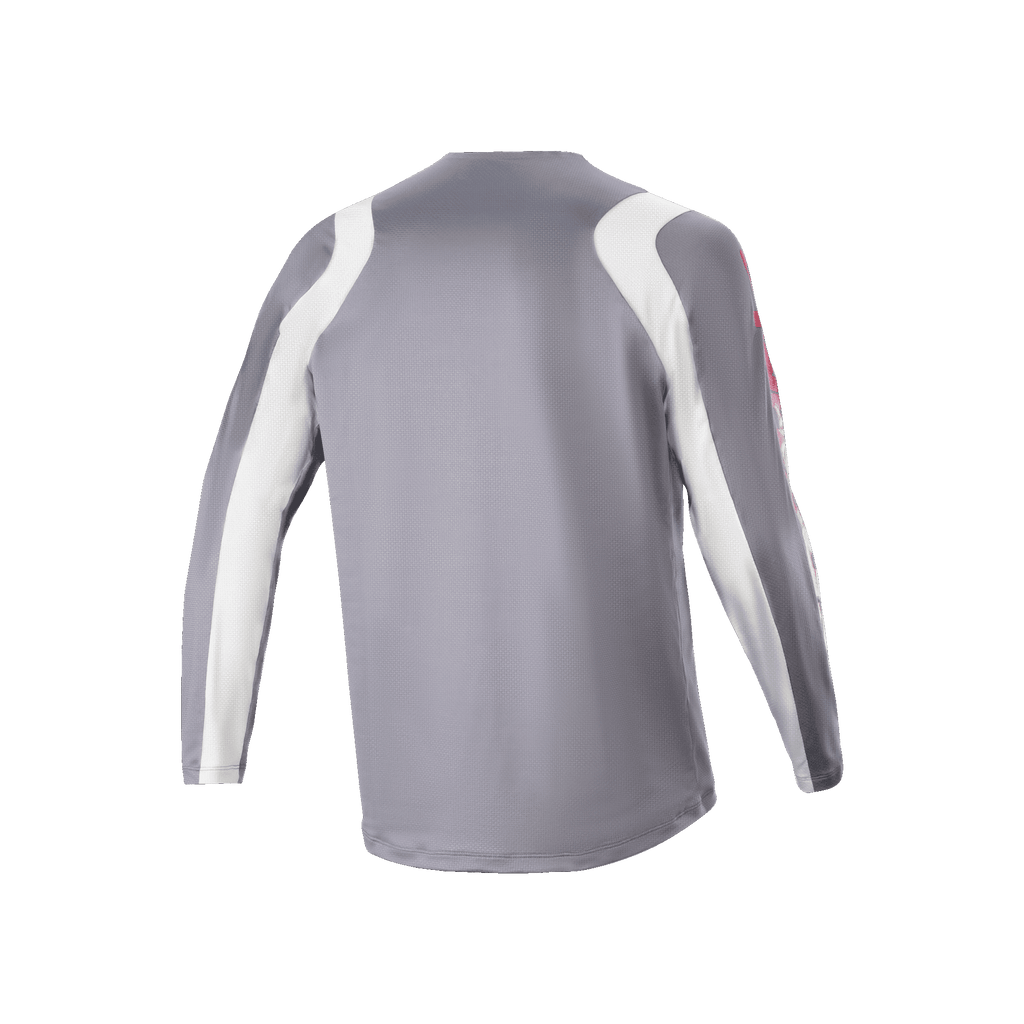 Alpinestars A-Supra Astar Langarmtrikot, Dunkelgrau und Weiß, Rückansicht mit belüfteter Mesh-Struktur und verlängertem Saum, Performance-Radsportbekleidung für MTB