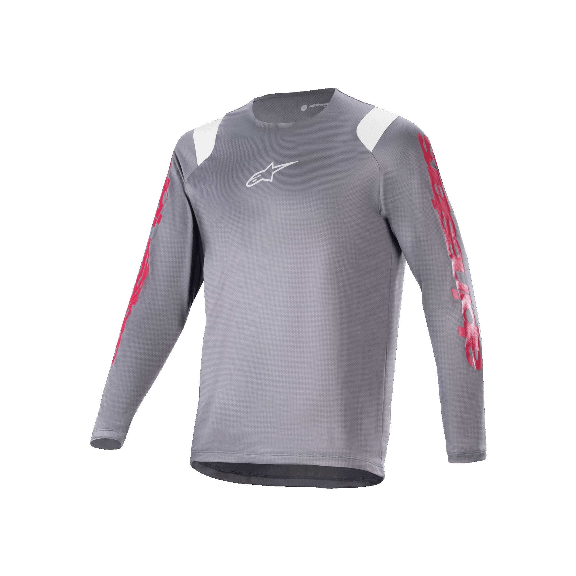 Alpinestars A-Supra Astar Langarmtrikot, dunkelgraues MTB-Trikot mit roten Grafiken an den Ärmeln und weißen Schulterakzenten, weißem Astars-Logo auf der Brust, Performance-Radbekleidung für Mountainbiking