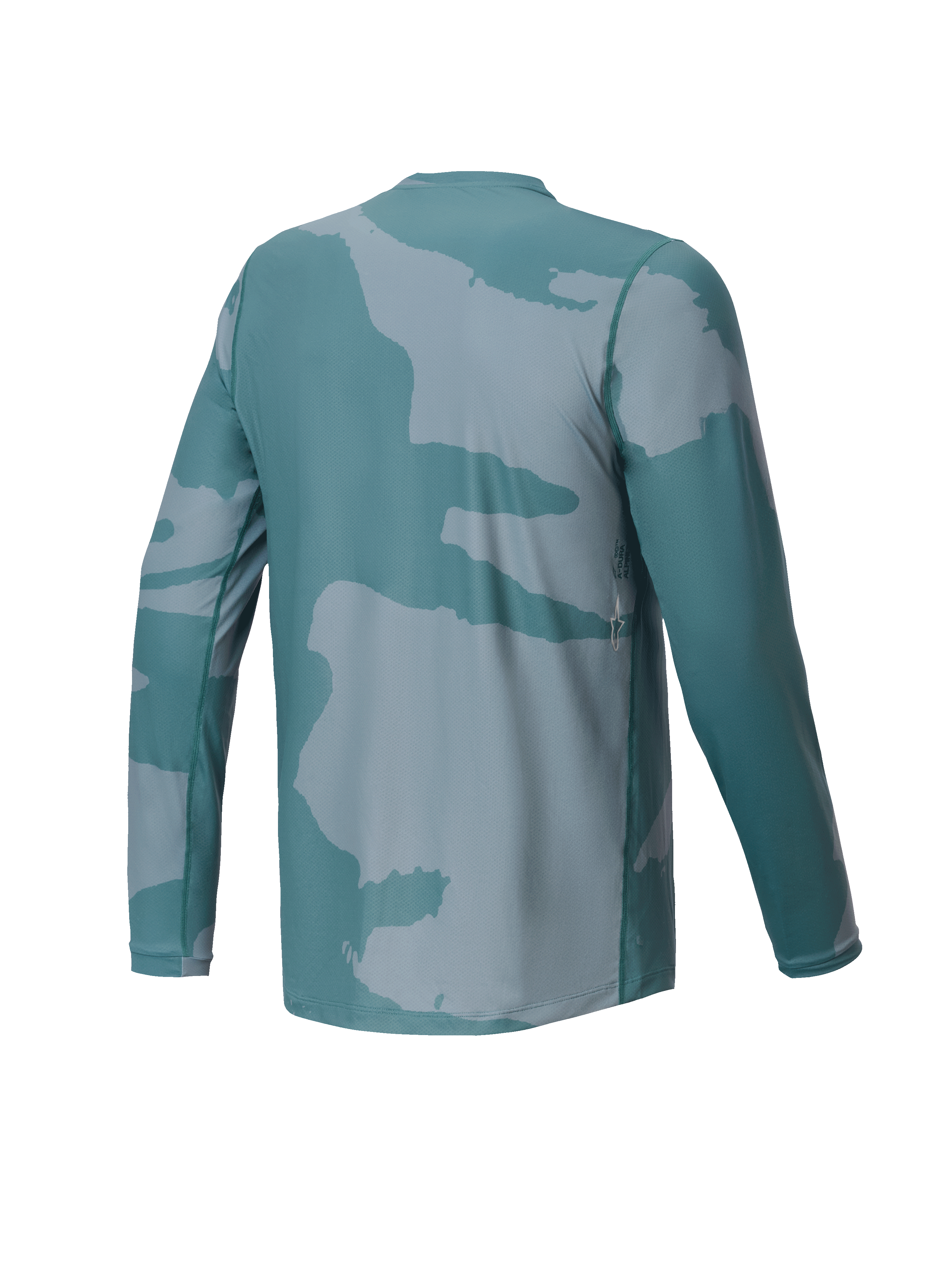 Alpinestars Jugend A-Dura Hollow Camo Trikot, Langarm-MTB-Trikot, Silver Pine Camo Grün, Rückansicht mit kleinem Logo-Detail und verlängertem Rückenteil für optimale Abdeckung beim Radfahren