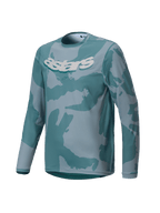 Alpinestars Youth A-Dura Hollow Camo Trikot, Langarm-MTB-Trikot, Silver Pine Camo mit türkisfarbenen und grauen Mustern, markante weiße astars-Grafik auf der Brust, Performance-Material für Jugend-Trail-Fahrten