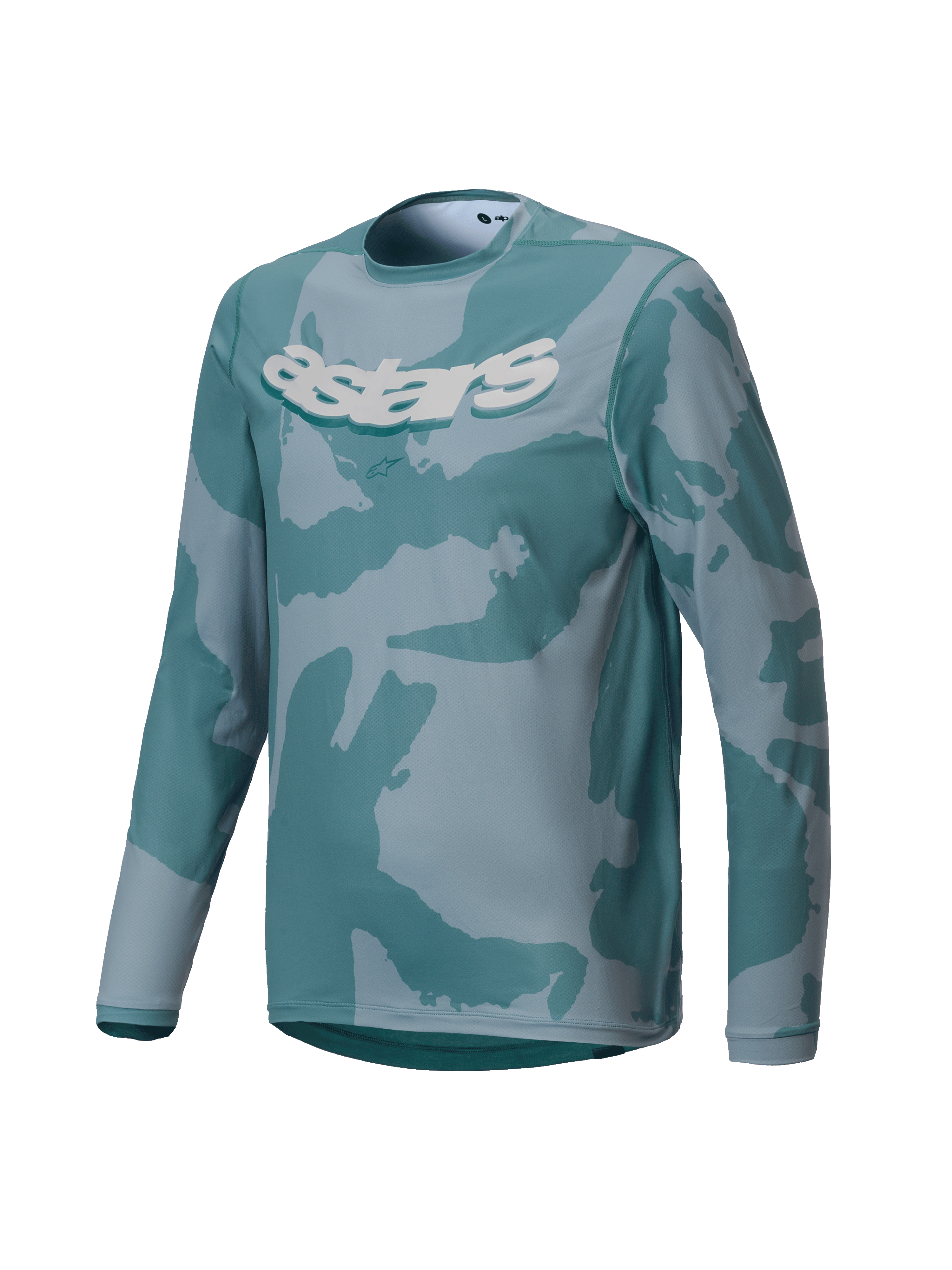 Alpinestars Youth A-Dura Hollow Camo Trikot, Langarm-MTB-Trikot, Silver Pine Camo mit türkisfarbenen und grauen Mustern, markante weiße astars-Grafik auf der Brust, Performance-Material für Jugend-Trail-Fahrten