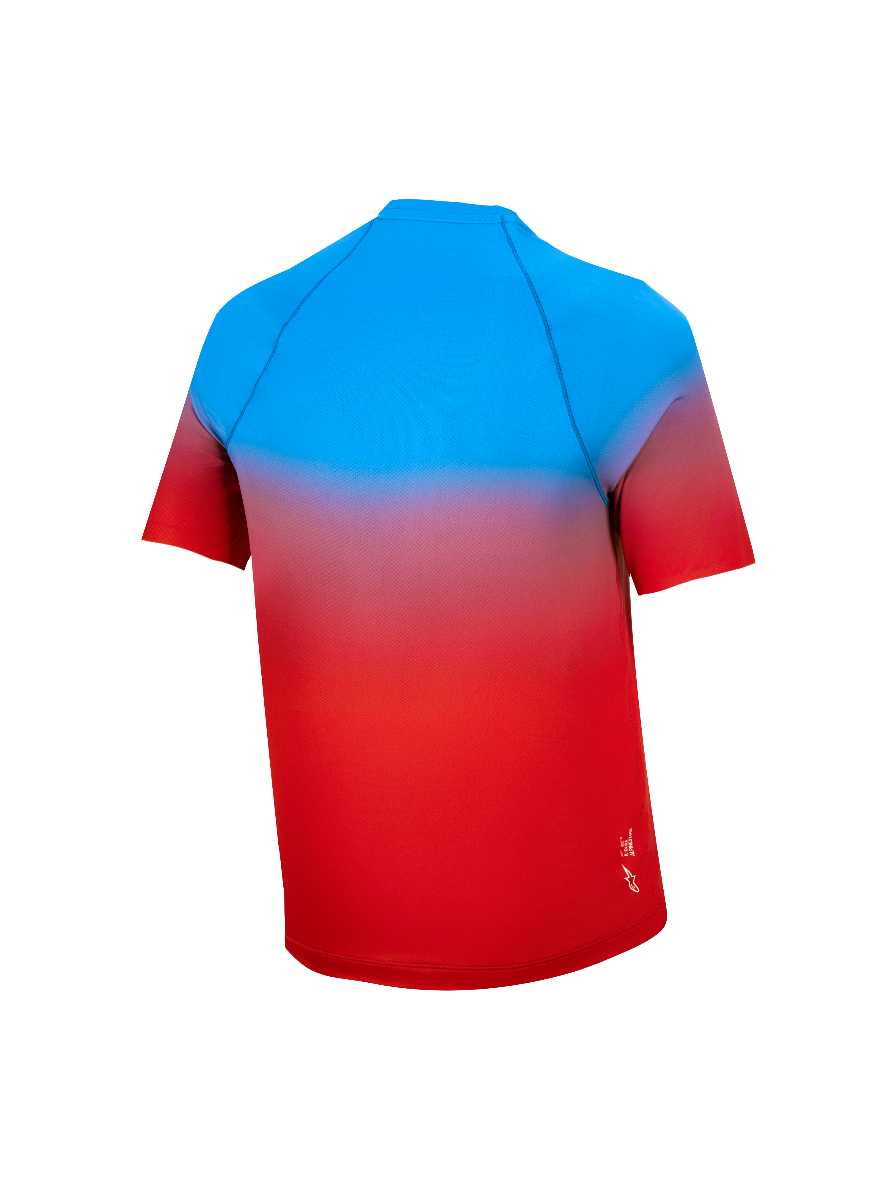 Jugend A-Dura Astars Trikot 2.0, Kurzarm-MTB-Trikot, hellrot-blauer Farbverlauf, Performance-Ausrüstung in der Rückansicht.