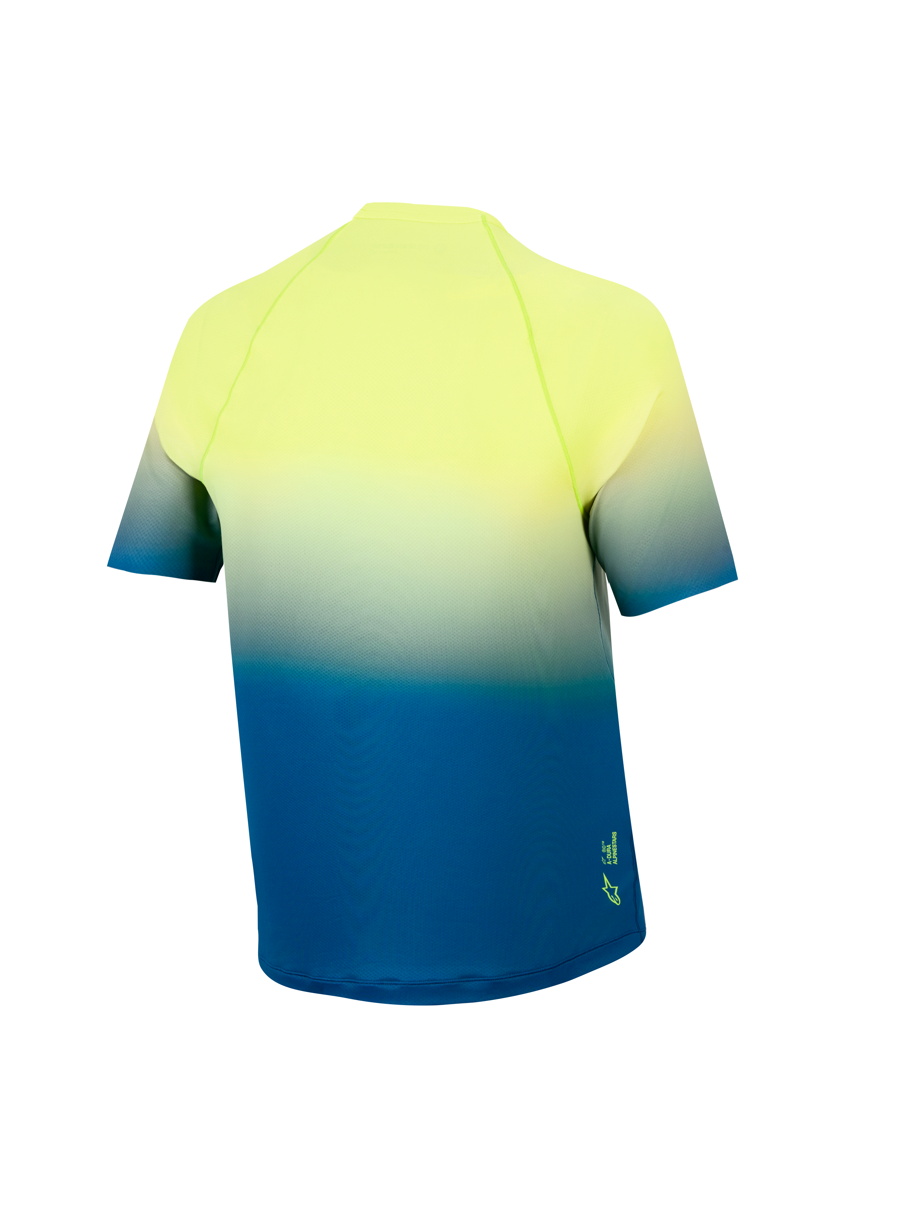 Youth A-Dura Astars Trikot 2.0, Kurzarm-MTB-Jersey, gelb-blauer Farbverlauf, Rückansicht mit verlängertem Drop-Tail.