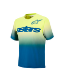 Jugend A-Dura Astars Trikot 2.0, Kurzarm-MTB-Jersey in gelb-blauem Farbverlauf mit markanten blauen Brustlogos.