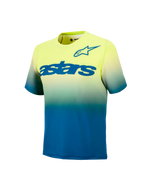 Jugend A-Dura Astars Trikot 2.0, Kurzarm-MTB-Jersey in gelb-blauem Farbverlauf mit markanten blauen Brustlogos.