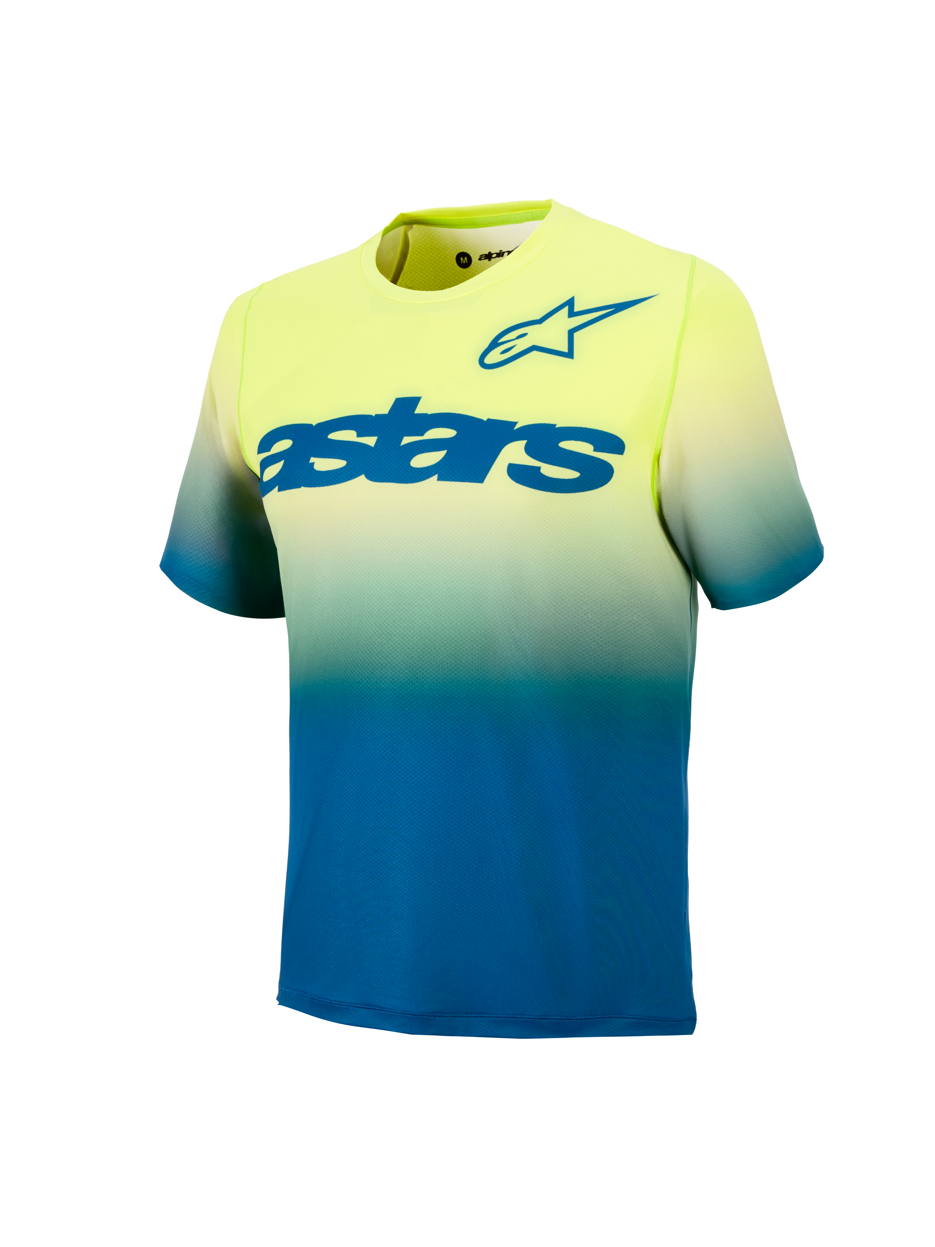 Jugend A-Dura Astars Trikot 2.0, Kurzarm-MTB-Jersey in gelb-blauem Farbverlauf mit markanten blauen Brustlogos.