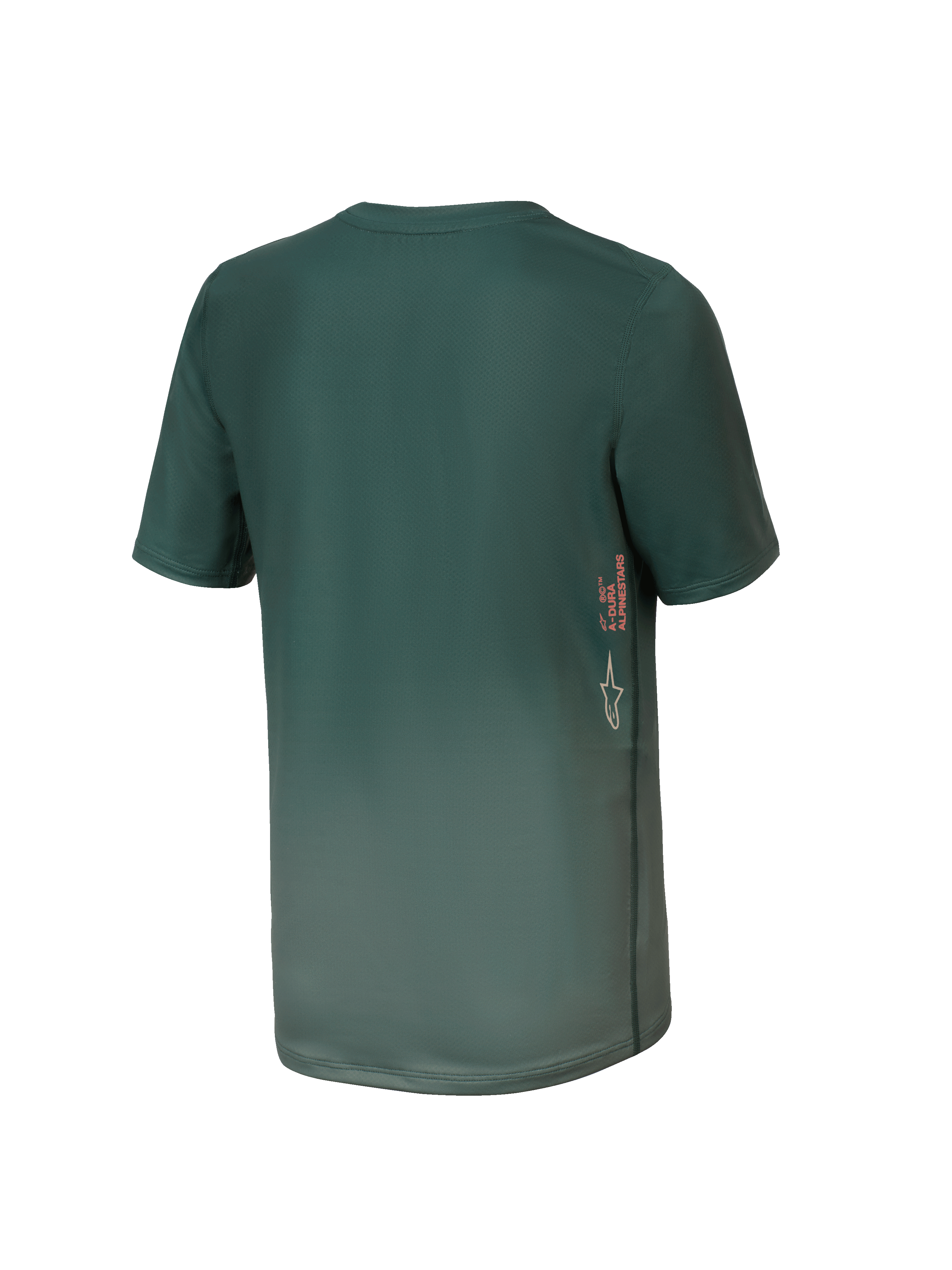 Alpinestars Youth A-Dura Rise Kurzarm-MTB-Trikot, Silver Pine Grün, Rückansicht mit vertikalem A-DURA- und Astars-Logo-Branding an der Seite, verlängertem Saum, technisches feuchtigkeitsableitendes Gewebe.