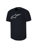Alpinestars Youth A-Dura Kurzarmtrikot, schwarzes MTB-Shirt, großes weißes Astars-Logo auf der Brust, Rundhalsausschnitt, lässige Mountainbike-Performance-Bekleidung