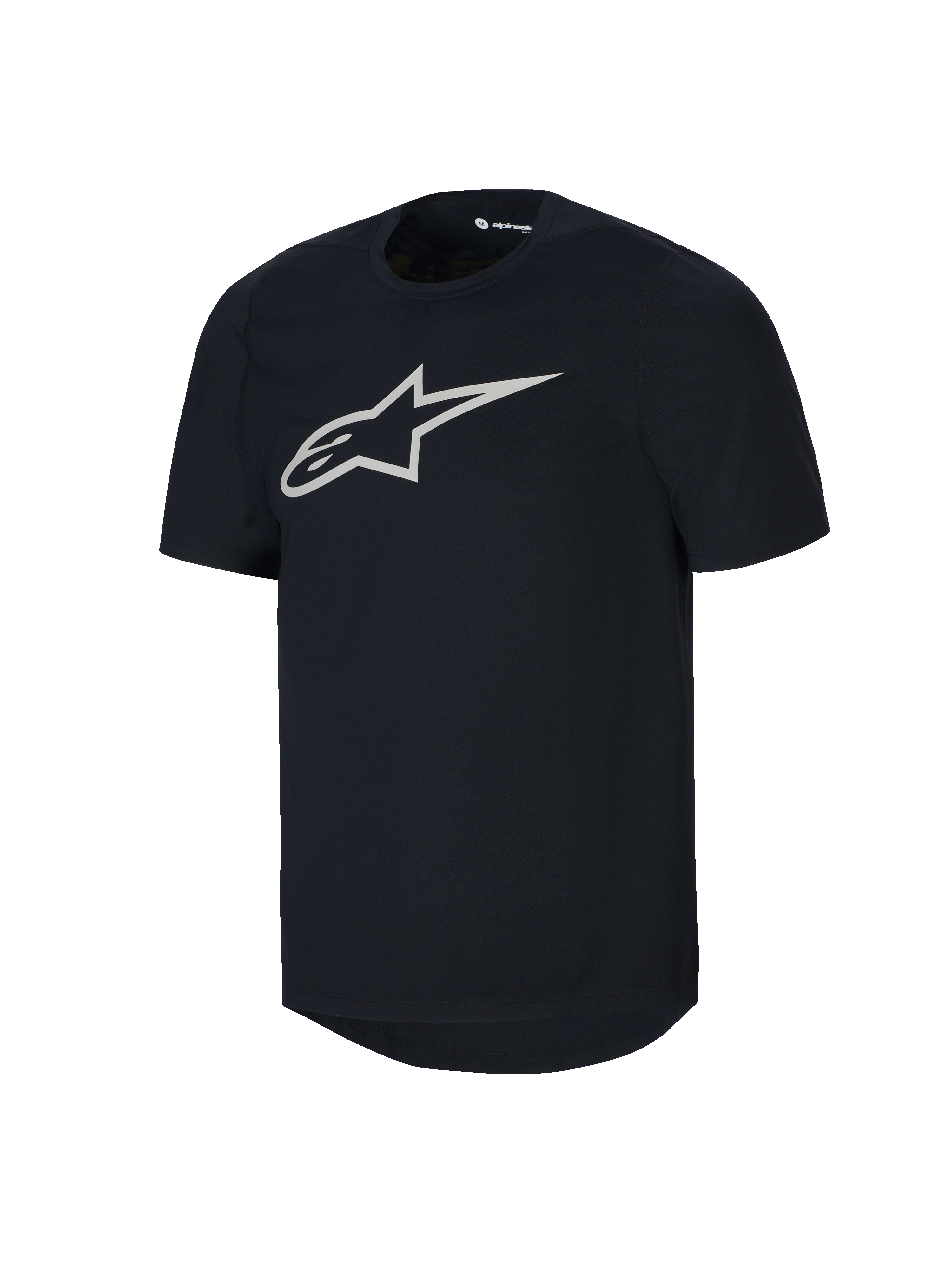 Alpinestars Youth A-Dura Kurzarmtrikot, schwarzes MTB-Shirt, großes weißes Astars-Logo auf der Brust, Rundhalsausschnitt, lässige Mountainbike-Performance-Bekleidung