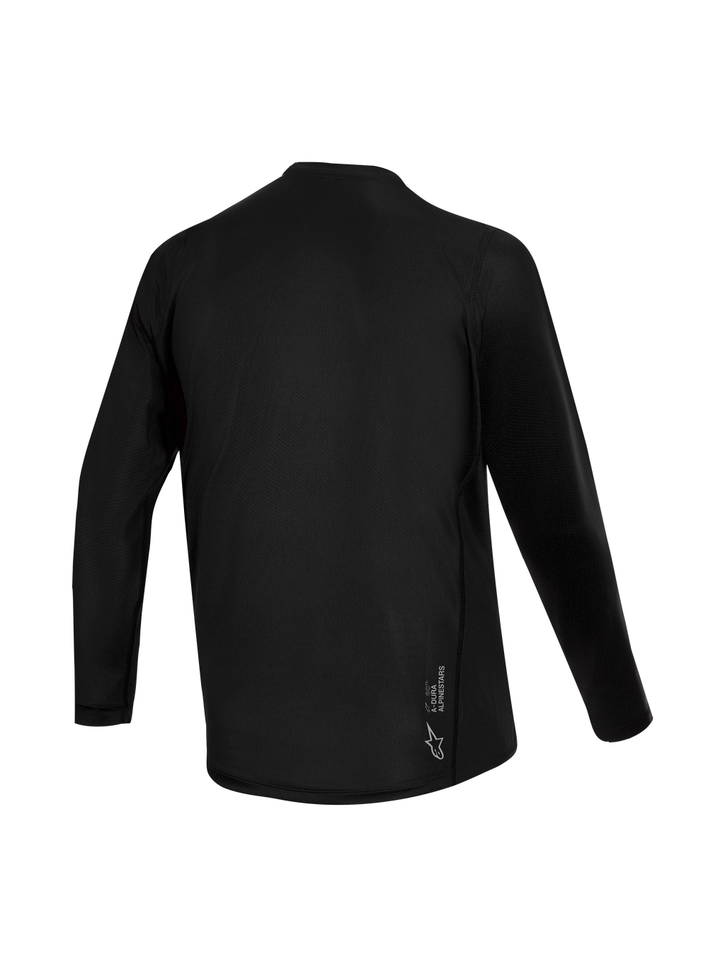 Schwarzes Stella A-Dura Ride Damen-Langarmtrikot, Rückansicht mit Jacquard-Struktur und Alpinestars-Logo-Branding.