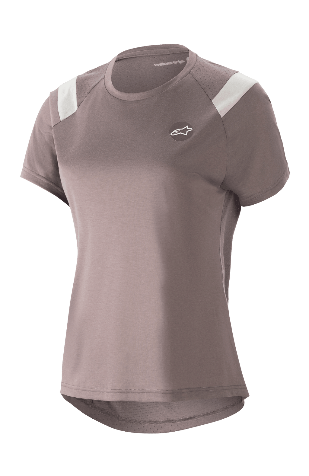Alpinestars Stella Alps Escape Damen-Trikot, Kurzarm-MTB-Shirt, Sparrow Gray mit weißen Schulterakzenten, perforierte Mesh-Einsätze für Atmungsaktivität, geschwungener, verlängerter Rückensaum, kleines rundes Astar-Logo auf der Brust, lässige sportliche Passform für das Mountainbiken