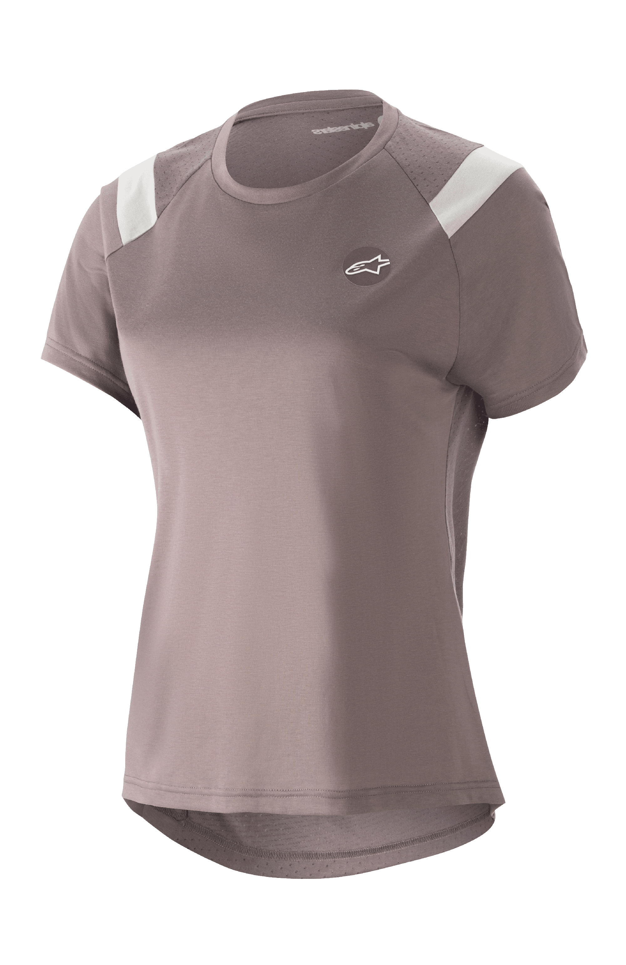 Alpinestars Stella Alps Escape Damen-Trikot, Kurzarm-MTB-Shirt, Sparrow Gray mit weißen Schulterakzenten, perforierte Mesh-Einsätze für Atmungsaktivität, geschwungener, verlängerter Rückensaum, kleines rundes Astar-Logo auf der Brust, lässige sportliche Passform für das Mountainbiken