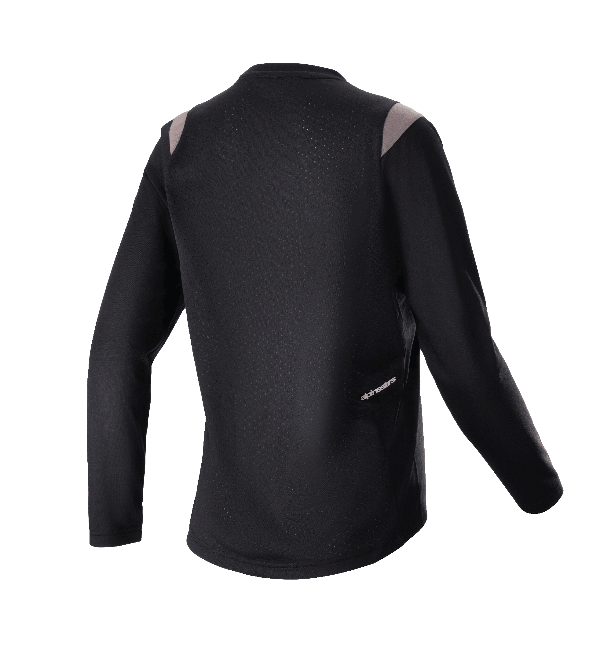 Alpinestars Stella Alps Escape Langarmtrikot für Damen, Schwarz mit grauen Schulterakzenten, Rückansicht mit perforiertem Mesh-Rückenteil zur Belüftung und kleinem Alpinestars-Logo, Mountainbike-Ausrüstung