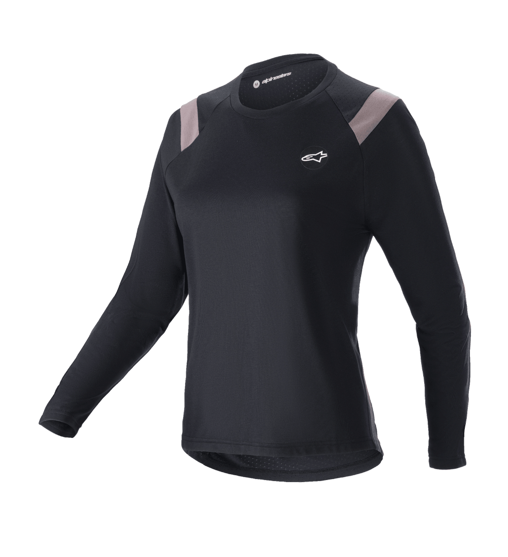 Alpinestars Stella Alps Escape Jersey Langarm, Damen-Mountainbike-Trikot, Schwarz mit hellgrauen Schulterpartien, Rundhalskragen, kleines weißes Logo auf der Brust, sportliche athletische Passform