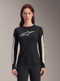Alpinestars Women Stella A-Dura Dri Astar Jersey, Long Sleeve Mountain Bike Jersey, Black with white logo and light gray mesh panels on sleeves, performance cycling wear for women