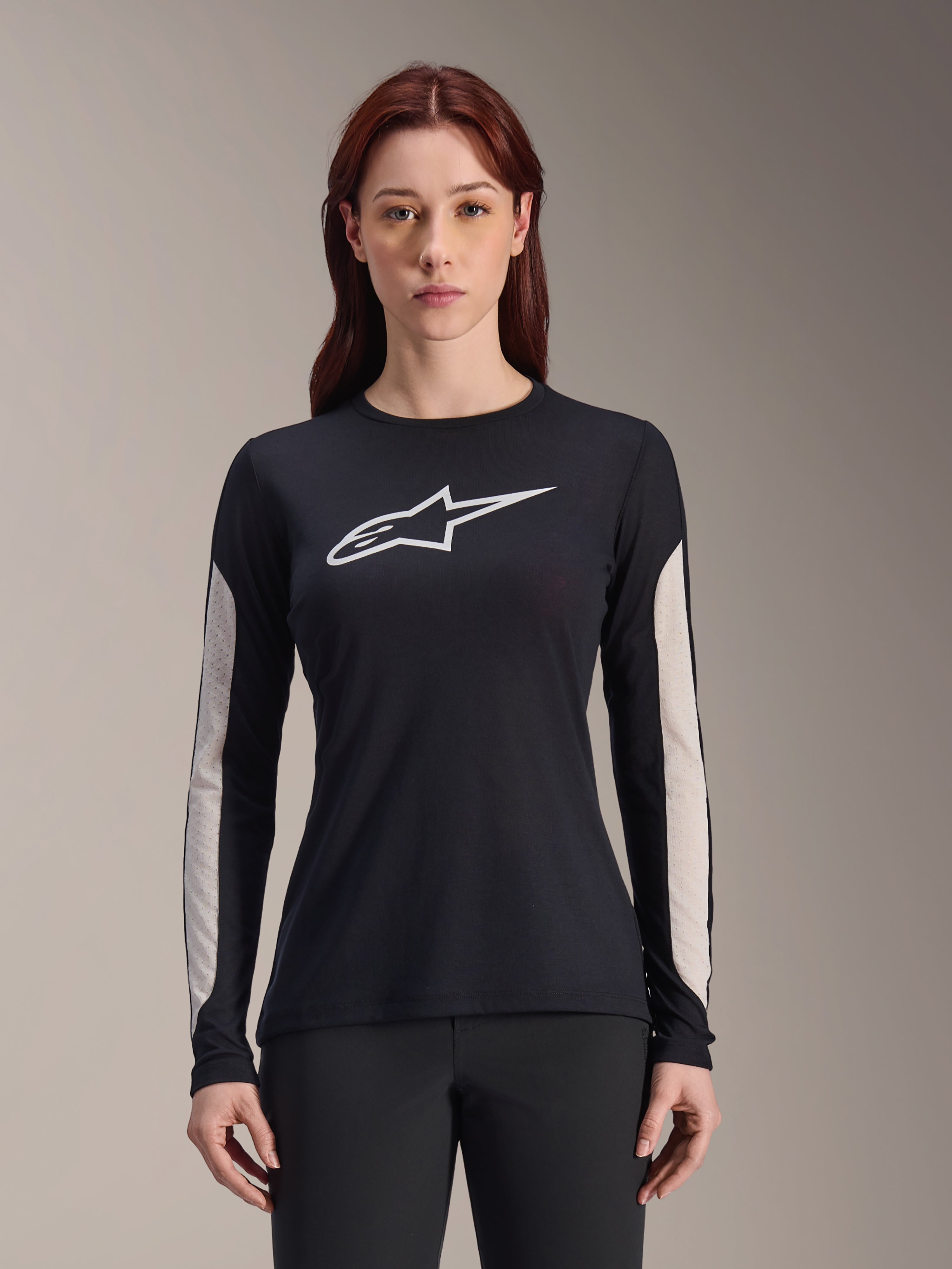 Alpinestars Women Stella A-Dura Dri Astar Jersey, Long Sleeve Mountain Bike Jersey, Black with white logo and light gray mesh panels on sleeves, performance cycling wear for women