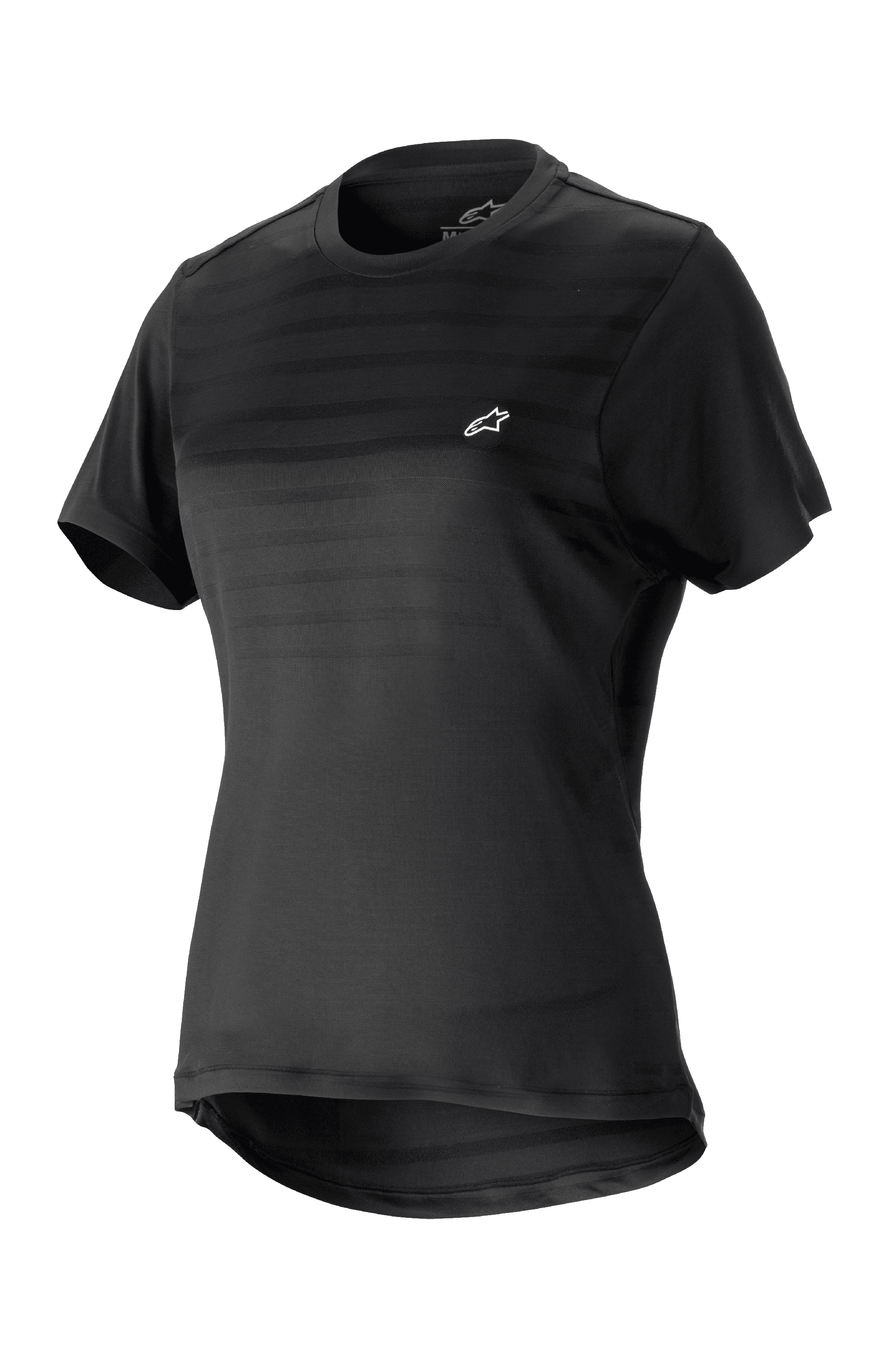 Alpinestars Stella Alps Constellation Trikot für Damen, Kurzarm-Mountainbike-Jersey, Schwarz mit dezenten Querstreifen auf der Brust, kleines weißes Logo, Rundhalsausschnitt, verlängerte Rückenpartie für optimale Abdeckung, leichtes atmungsaktives Material für MTB