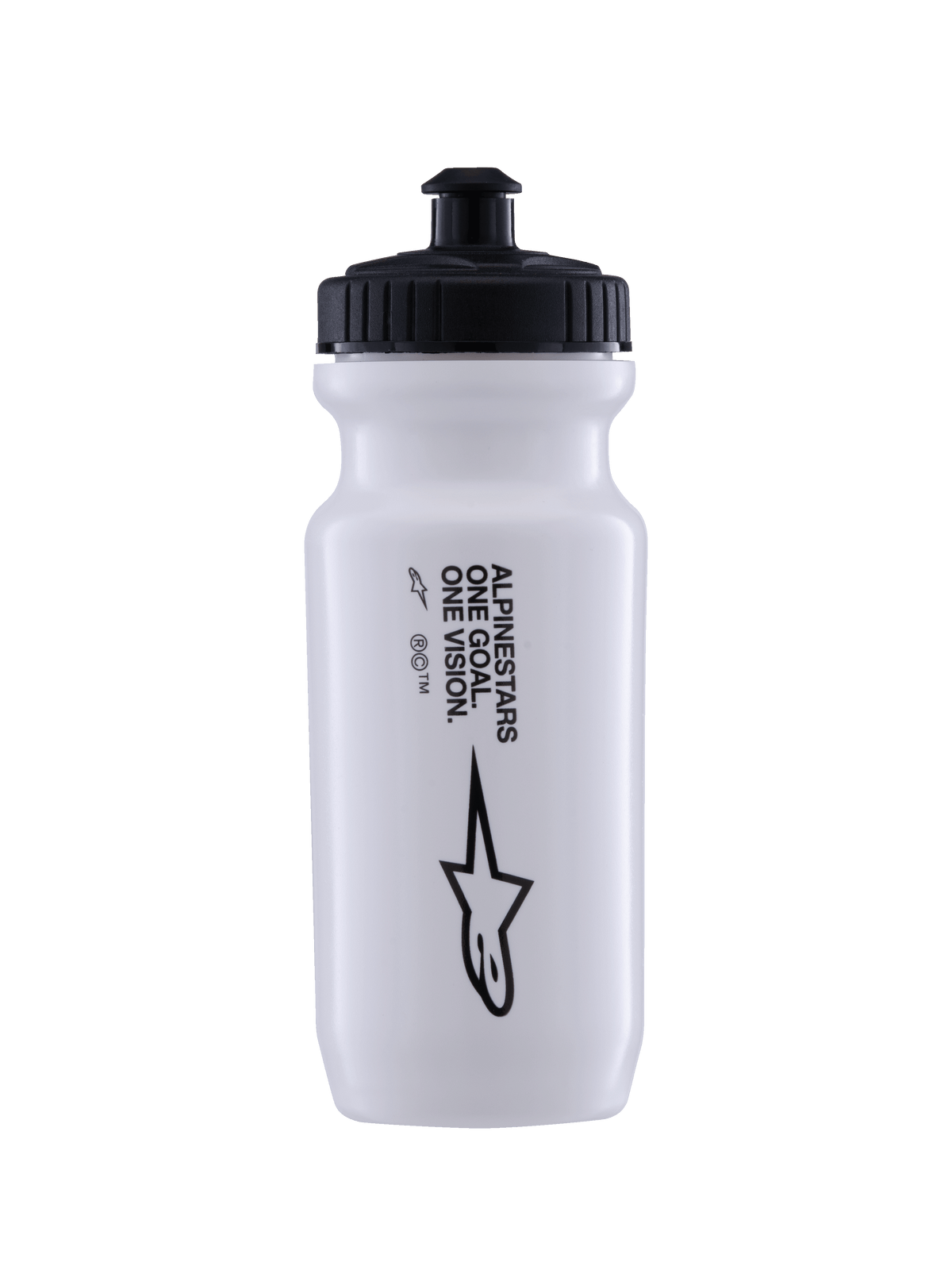 Alpinestars Ogov Trinkflasche 20oz, Weiß mit schwarzem Deckel, mit „One Goal One Vision“-Schriftzug und Alpinestars-Logo, Push-Pull-Verschluss, zylindrisches Quetschdesign für die Flüssigkeitszufuhr beim Radfahren